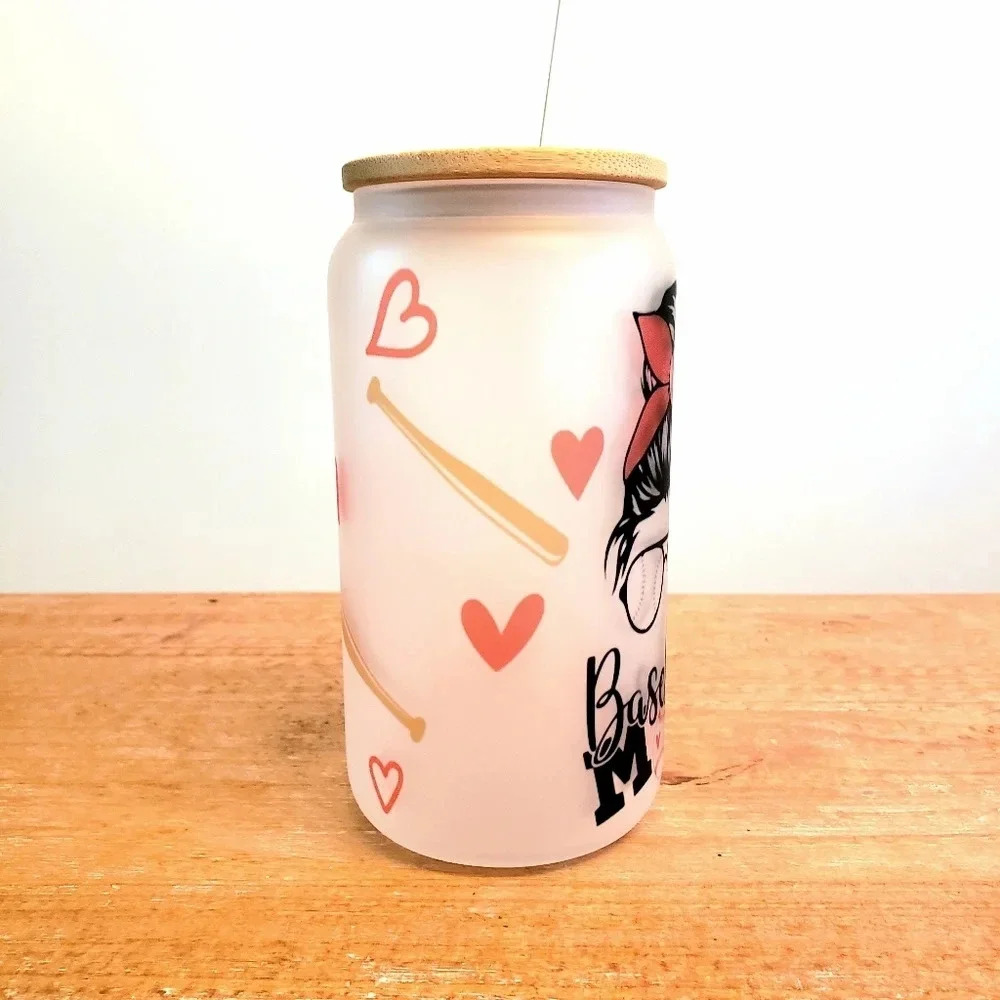 Baseball mom frosted glass cup includes lid and plastic straw - Picture 4 of 4